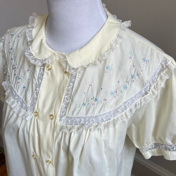 Vintage 50s Barbizon Pajama Set M Yellow Lace Peter Pan Collar Cottagecore - Picture 6 of 16